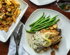 Closeup of an entrée and sides