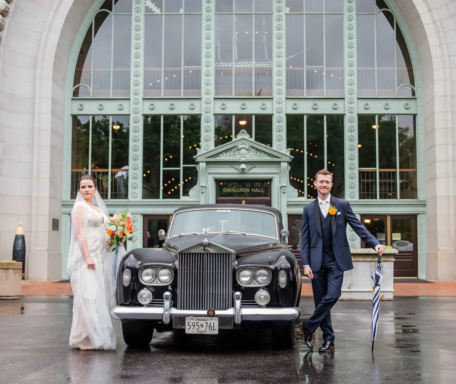 A bride and groom outside Dahlgren Hall