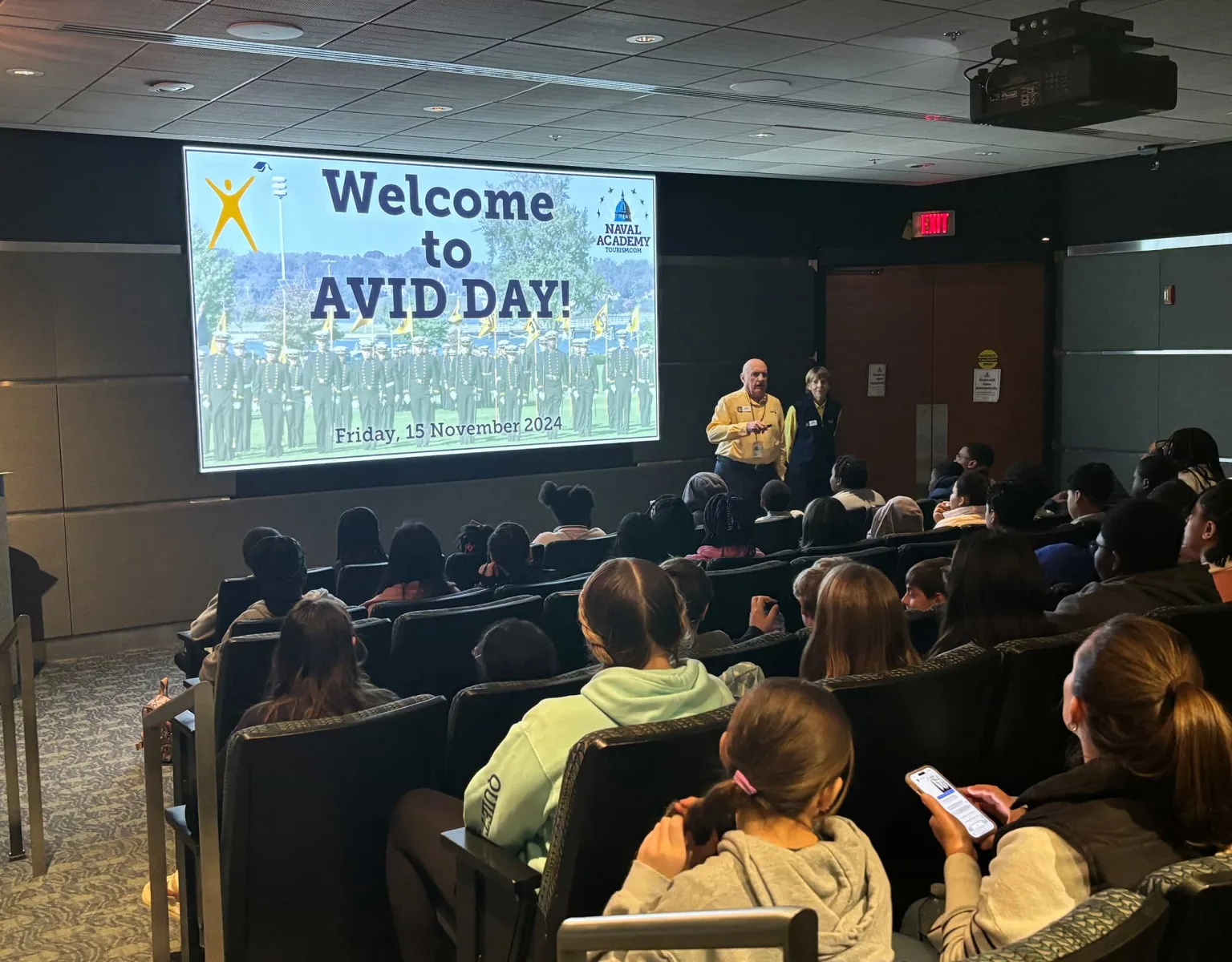 A presentation inside the Naval Academy Visitor Center theater