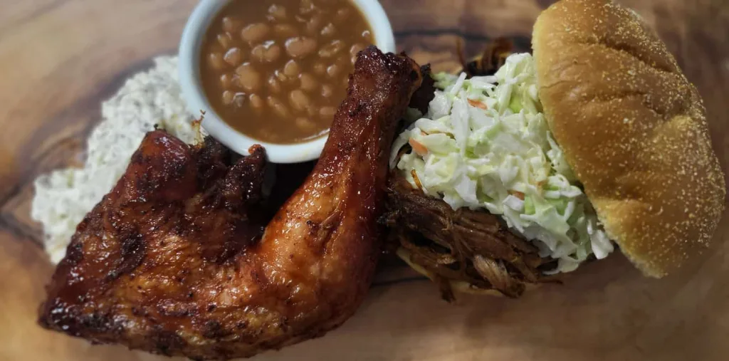 Barbecue chicken with beans and cole slaw