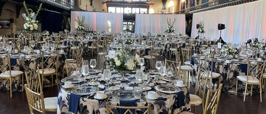 Tables with table settings ready for a banquet